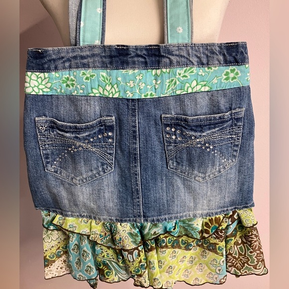 Handmade Upcycled Denim Tote/Shoulder Bag, Distressed Denim, Bling - Picture 4 of 5
